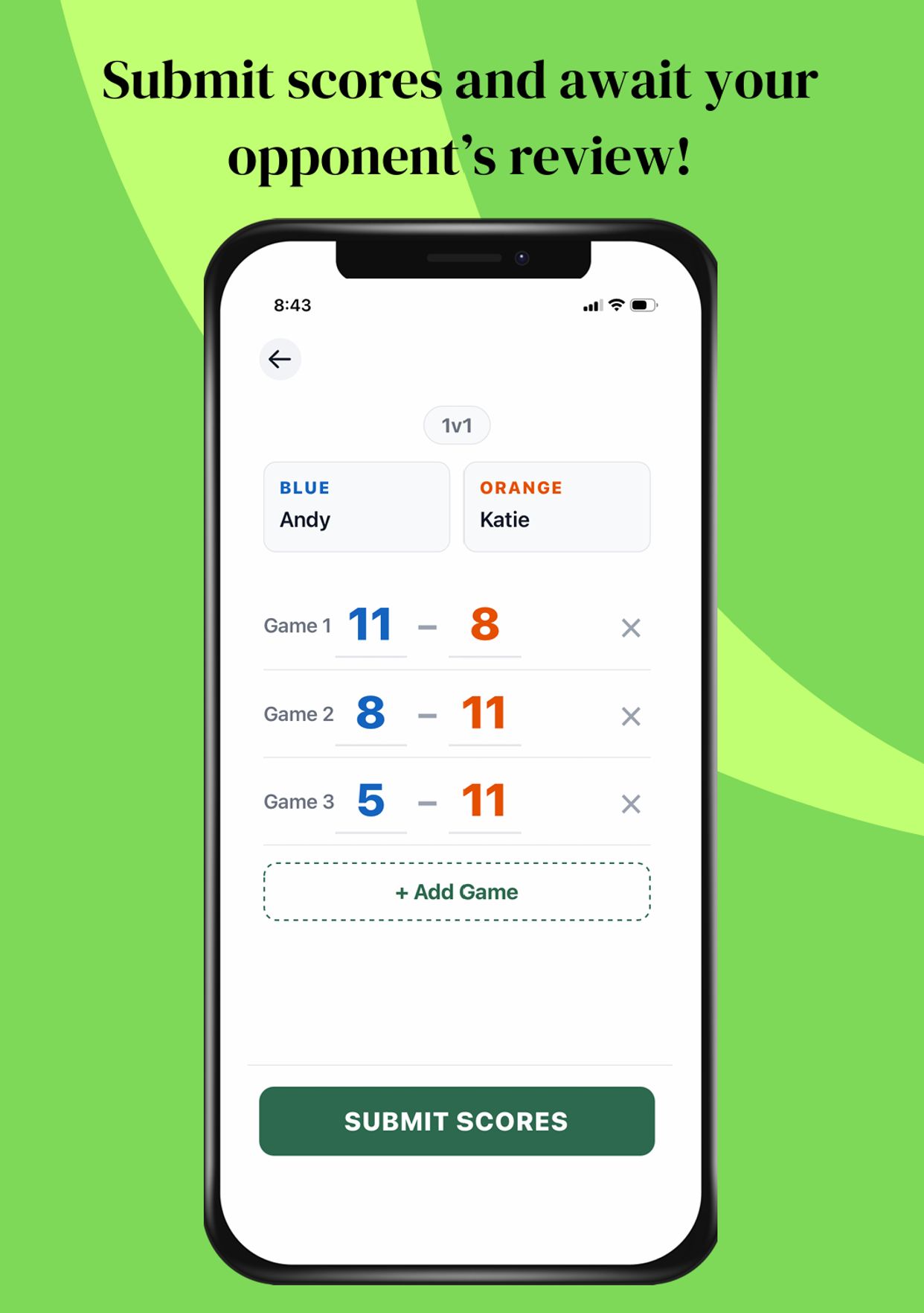 Score submission screen showing game results