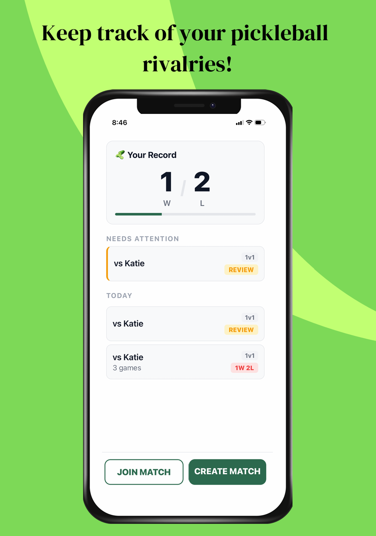 PickleBack showing your match record and recent games