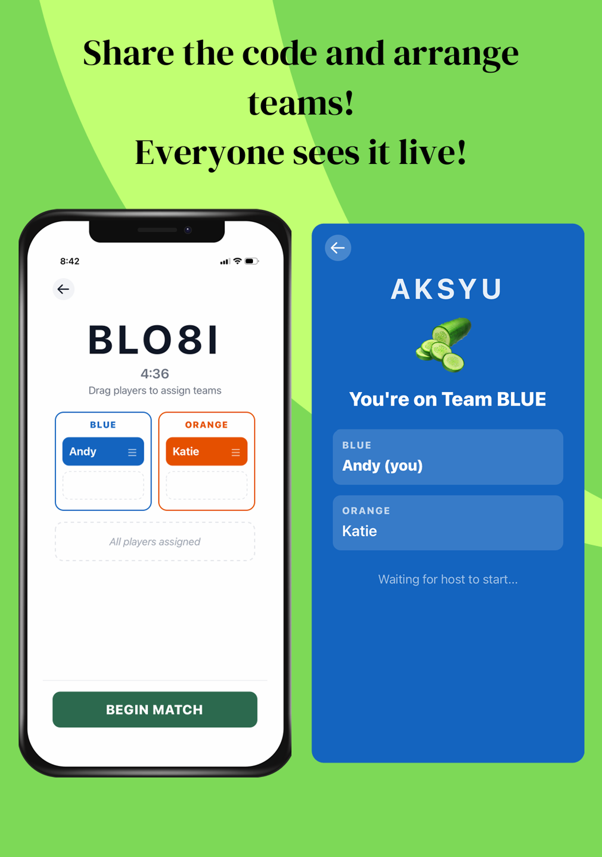 Host and player views showing team assignment