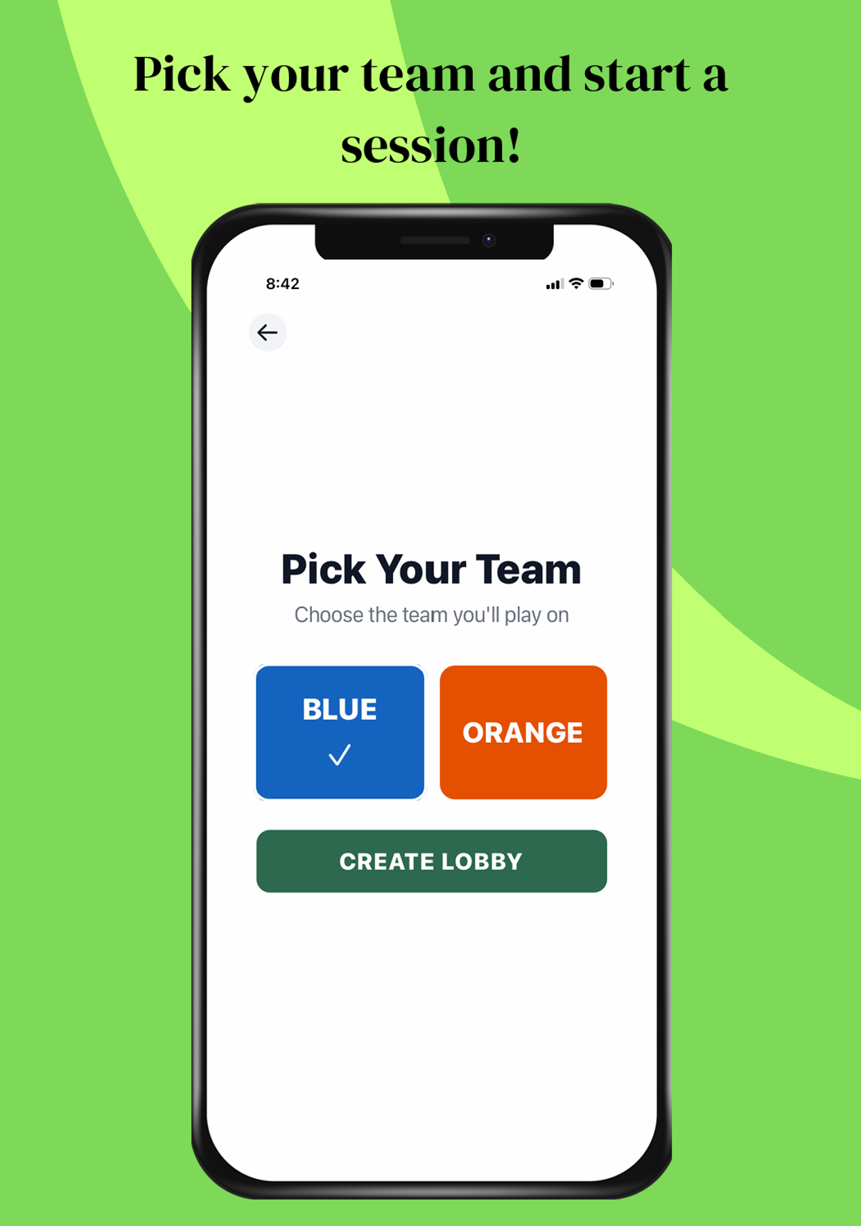App screen showing lobby with room code BLO8I and team drag-and-drop